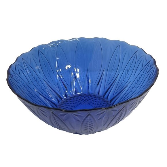 Vintage Avon Royal Saphire Cobalt Blue Glass Etched Round Serving Salad Bowl - Picture 1 of 10
